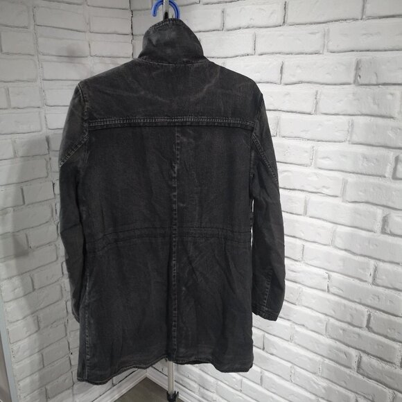 Le Grenier Ladies Size Medium Full Zip Lined Drawstring Waist Black Demin Coat - Picture 2 of 12
